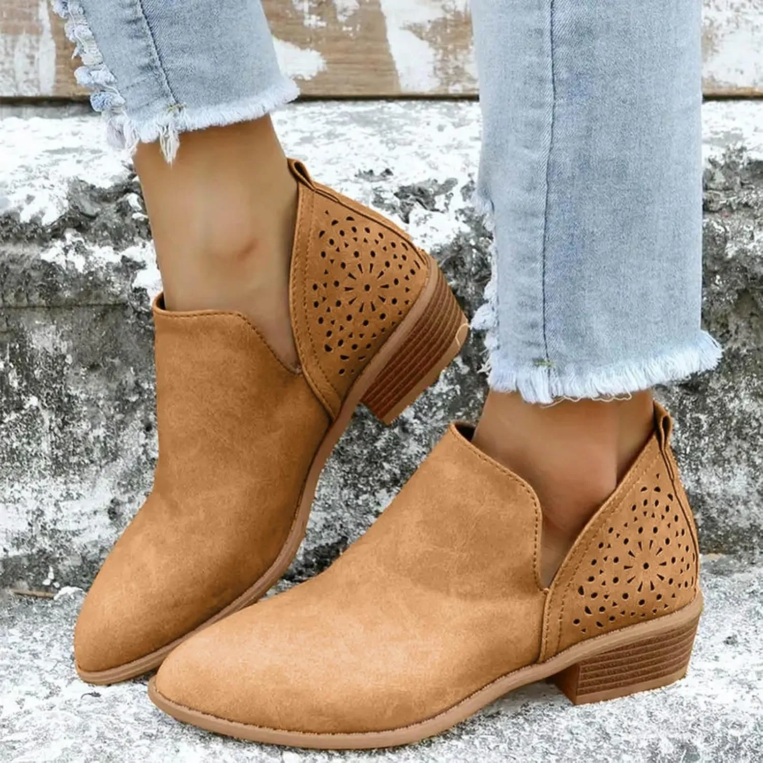 Cathale Booties for Women 2024 Stacked Low Heel Ankle Booties Cowgirl Boots Slip On Perforated Western Booties Cutout Shoes