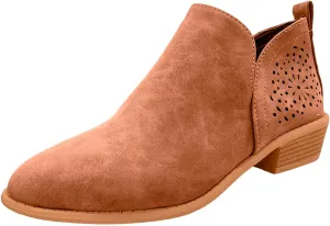 Cathale Booties for Women 2024 Stacked Low Heel Ankle Booties Cowgirl Boots Slip On Perforated Western Booties Cutout Shoes
