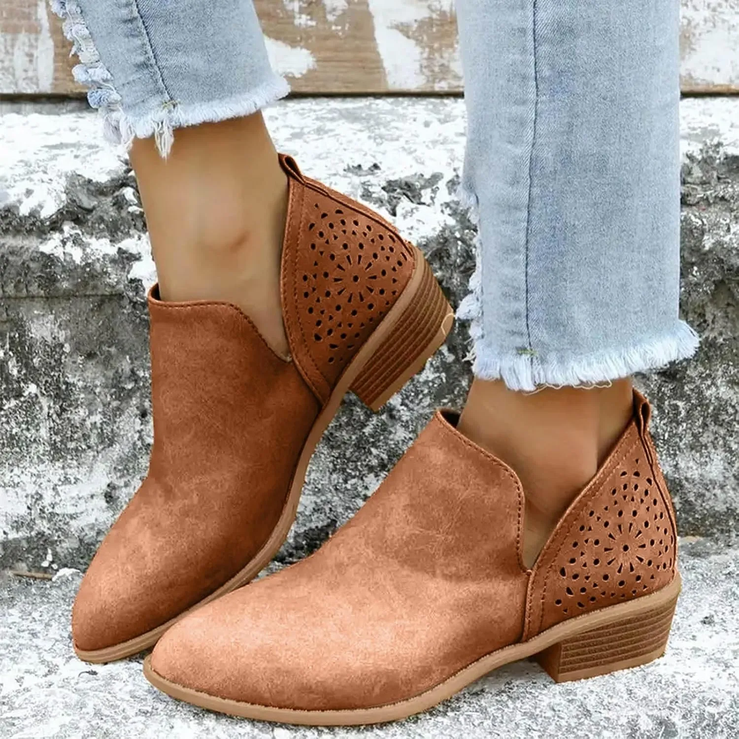 Cathale Booties for Women 2024 Stacked Low Heel Ankle Booties Cowgirl Boots Slip On Perforated Western Booties Cutout Shoes