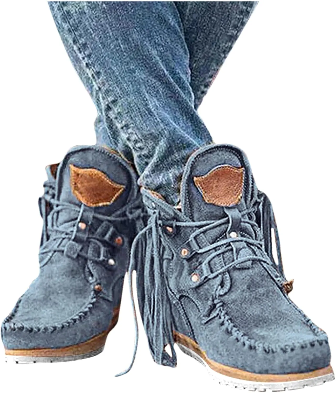 Cathalem Ankle Booties for Women, Closed Toe Low Heel Combat Western Shoes Womens Retro Cowboy Boots Fringed Ankle Boots