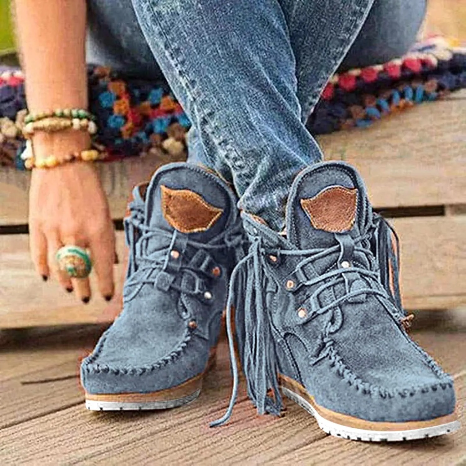 Cathalem Ankle Booties for Women, Closed Toe Low Heel Combat Western Shoes Womens Retro Cowboy Boots Fringed Ankle Boots
