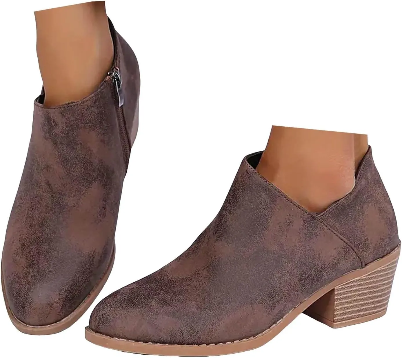 Cathalem Ankle Booties for Women Low Heel,2024 New Retro V Cutout Short Warm Boots Closed Toe Low Heel Combat Western Shoes