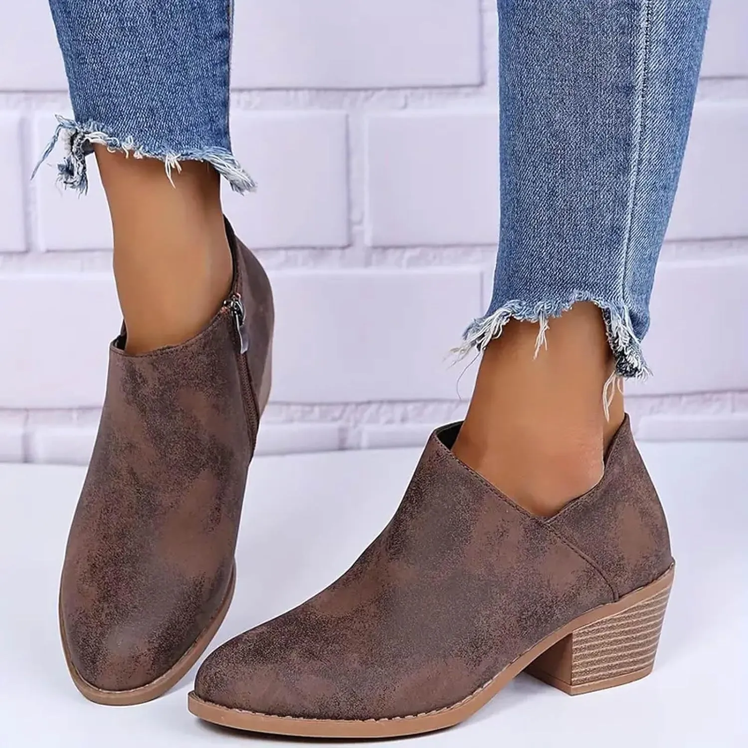 Cathalem Ankle Booties for Women Low Heel,2024 New Retro V Cutout Short Warm Boots Closed Toe Low Heel Combat Western Shoes