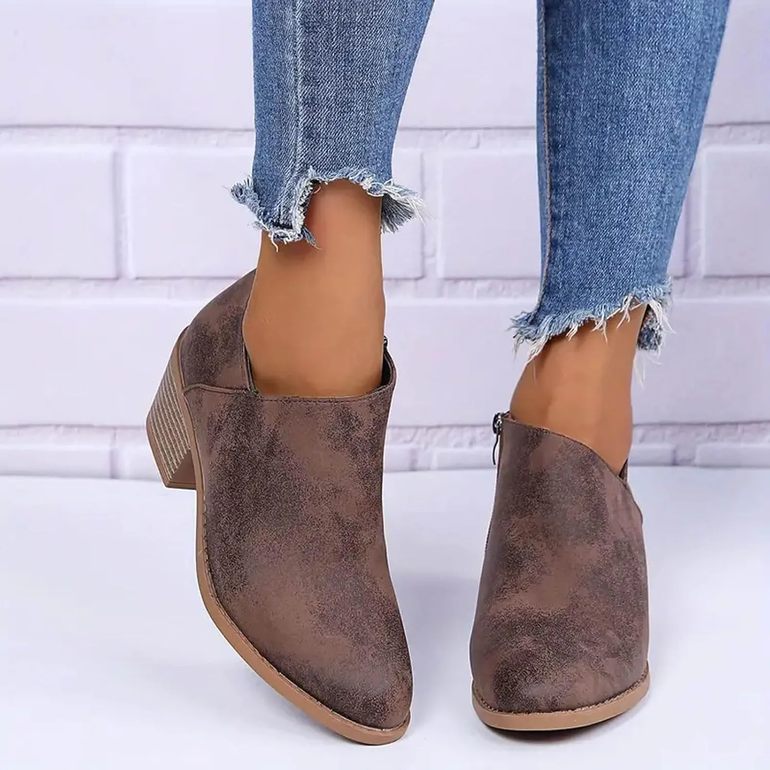 Cathalem Ankle Booties for Women Low Heel,2024 New Retro V Cutout Short Warm Boots Closed Toe Low Heel Combat Western Shoes
