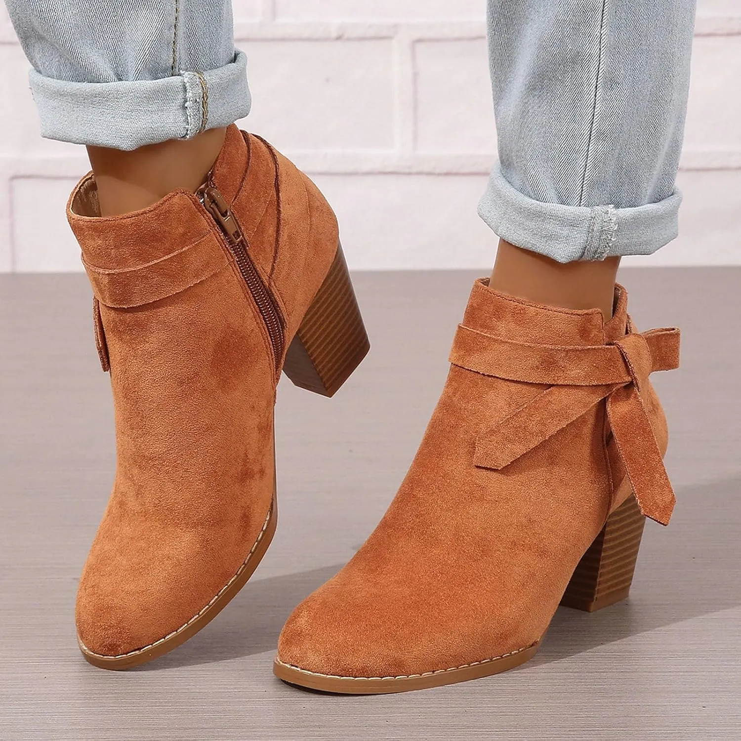 Cathalem Ankle Booties for Women, Women's Tie Knot Chelsea Pump Ankle Boots Closed Toe Stacked Heel Booties Shoes
