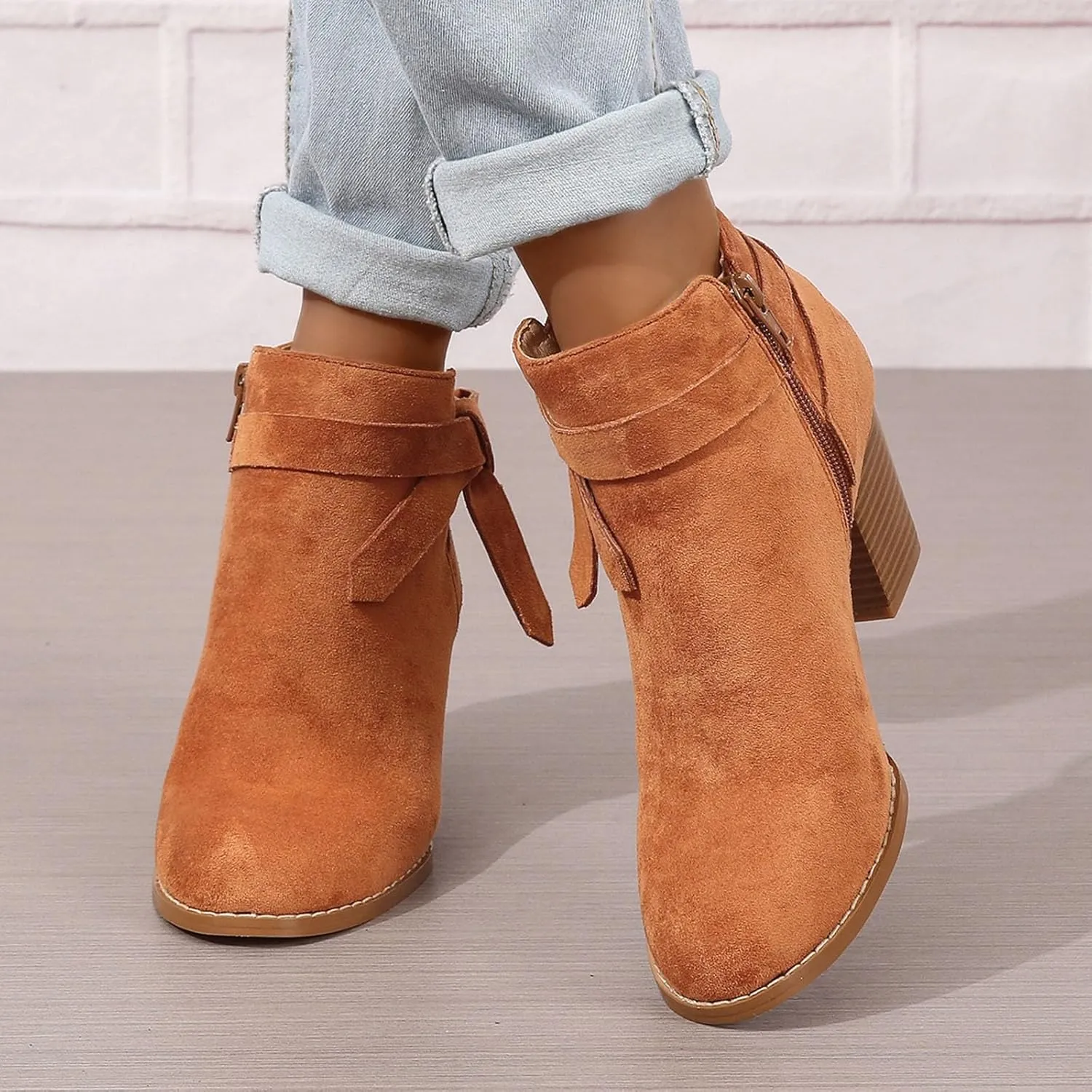 Cathalem Ankle Booties for Women, Women's Tie Knot Chelsea Pump Ankle Boots Closed Toe Stacked Heel Booties Shoes
