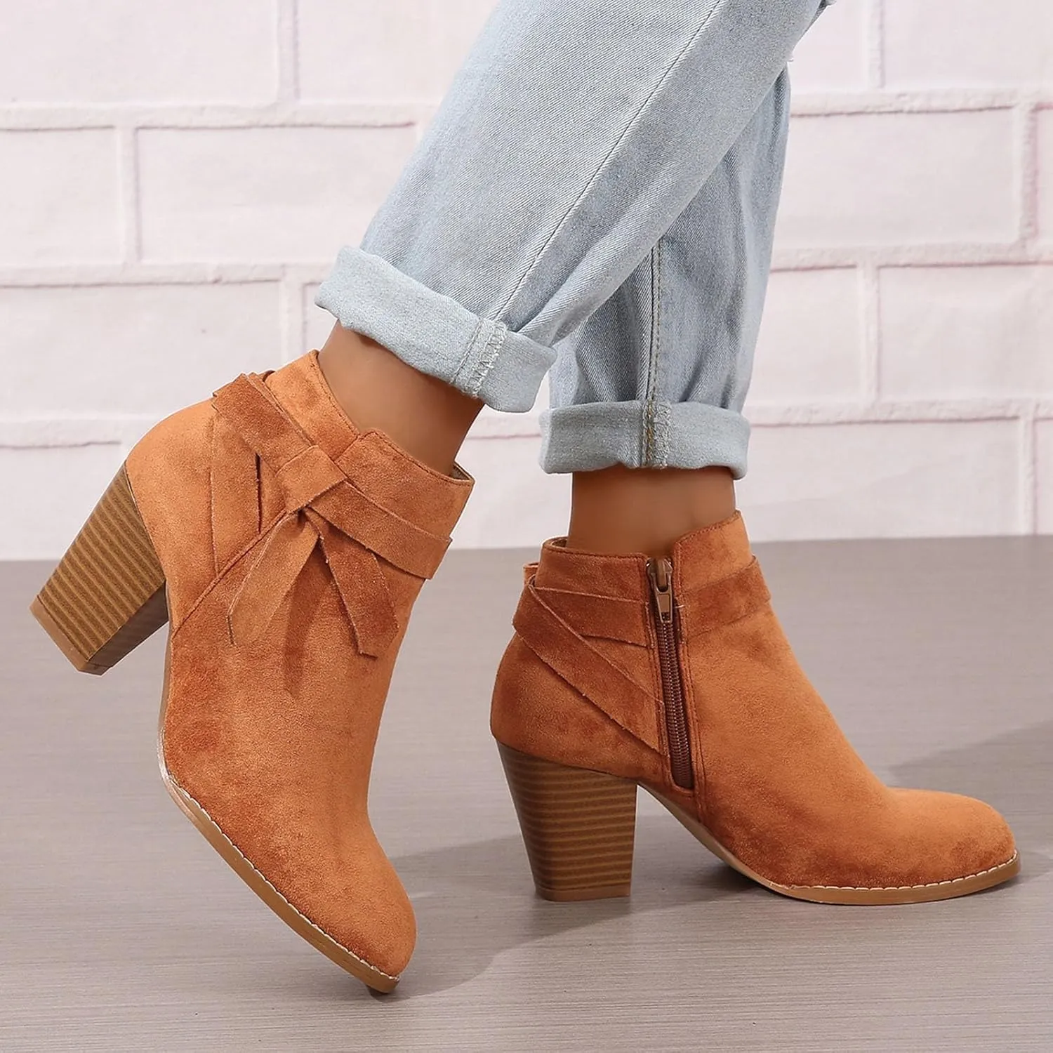 Cathalem Ankle Booties for Women, Women's Tie Knot Chelsea Pump Ankle Boots Closed Toe Stacked Heel Booties Shoes
