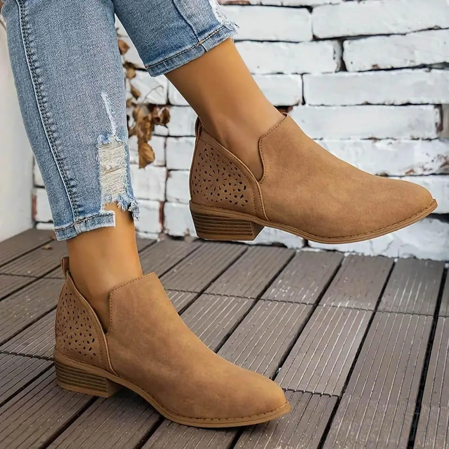 Cathalem Ankle Boots for Women, 2024 New Ankle Boots Low Heels Chunky Cutout Booties Perforated Western Shoes Fall Boots