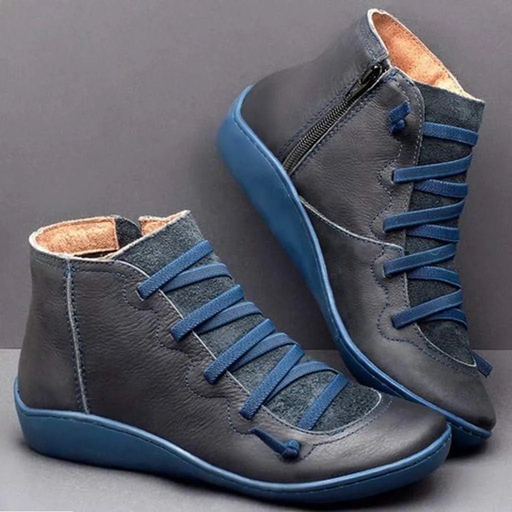 Cathalem Ankle Boots for Women Arch Support Fashion Lace up Side Zip Vintage Booties Flat Heel Leather Damping Shoes