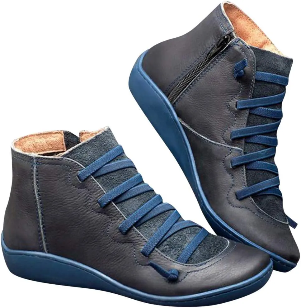 Cathalem Ankle Boots for Women Arch Support Fashion Lace up Side Zip Vintage Booties Flat Heel Leather Damping Shoes