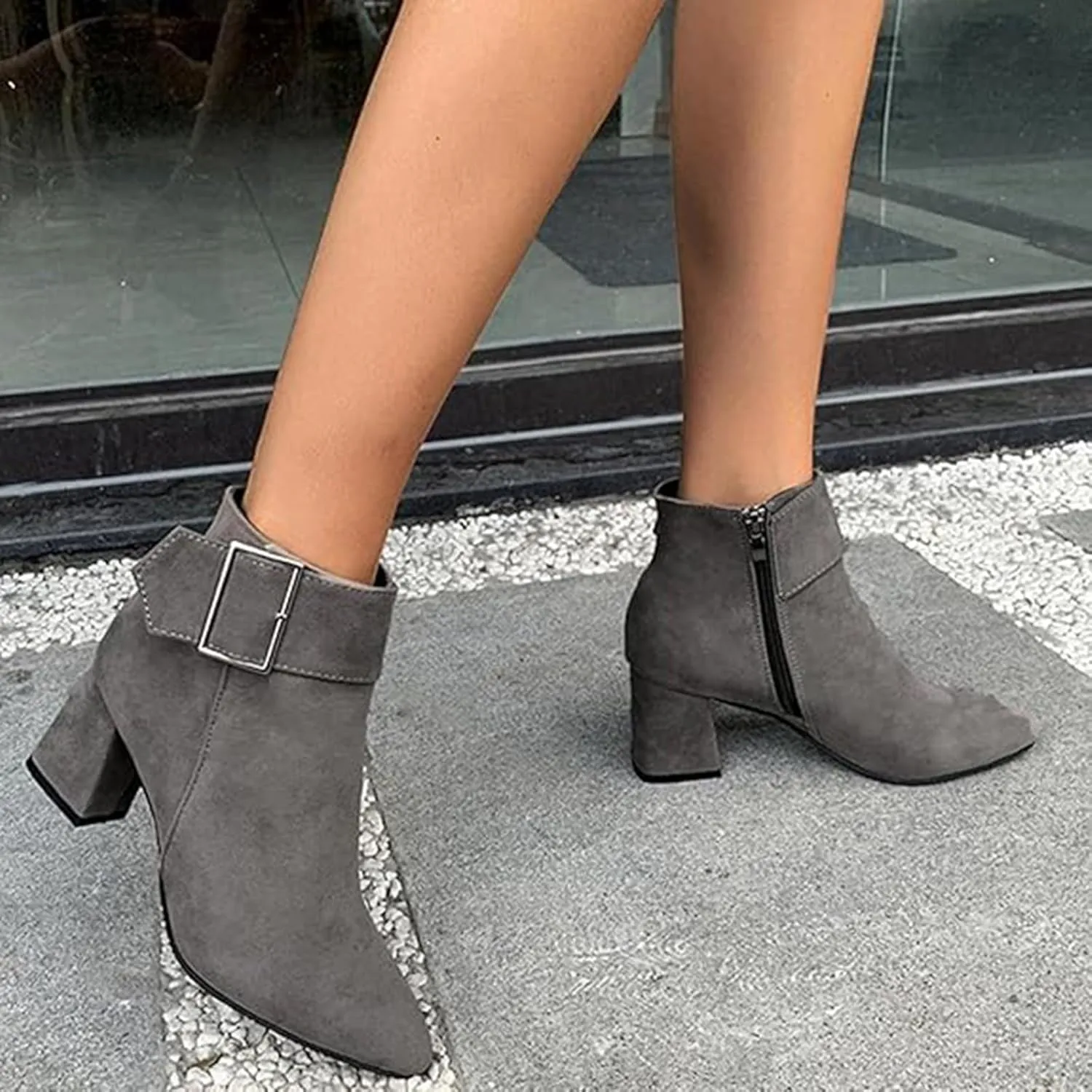 Cathalem Ankle Boots for Women Chunky Heel Pointed Toe Booties Side Zipper Fall Boots for Women Short Boots Dress Boots