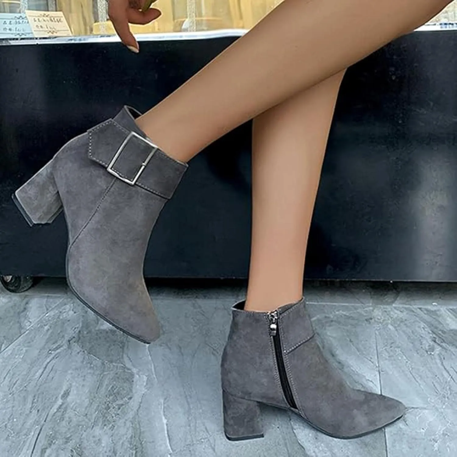 Cathalem Ankle Boots for Women Chunky Heel Pointed Toe Booties Side Zipper Fall Boots for Women Short Boots Dress Boots