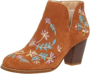 Cathalem Ankle Boots for Women Fashion Women Flock Autumn Square Heels Zipper Flower Embroidery Short Booties Round Toe Shoes