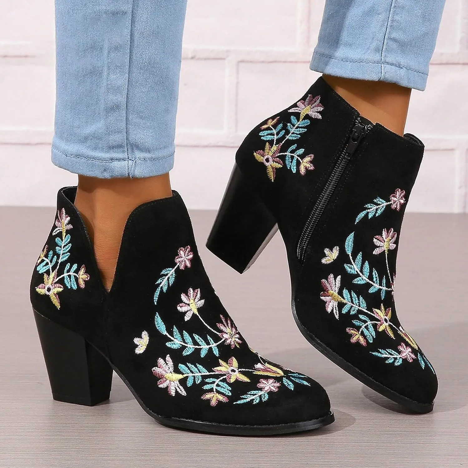 Cathalem Ankle Boots for Women Fashion Women Flock Autumn Square Heels Zipper Flower Embroidery Short Booties Round Toe Shoes