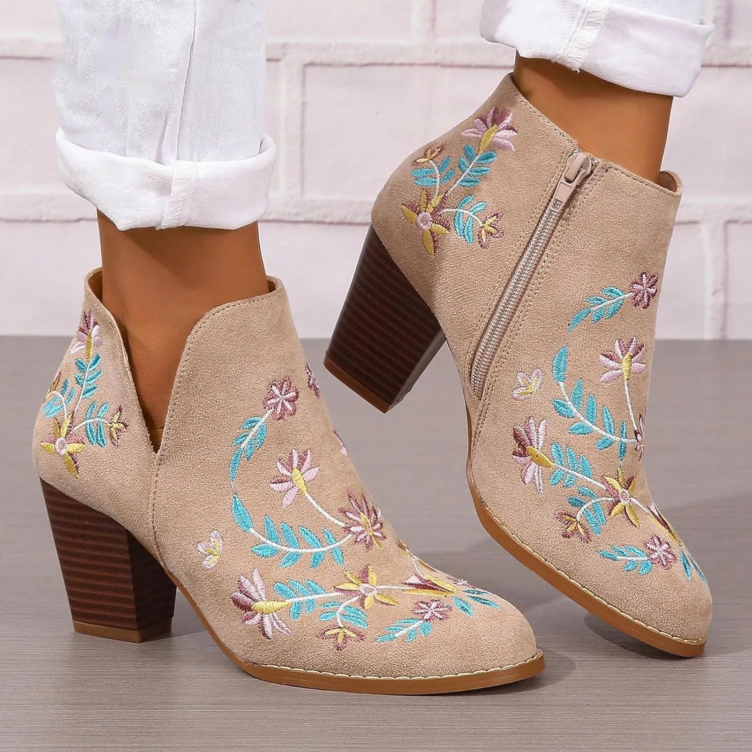 Cathalem Ankle Boots for Women Fashion Women Flock Autumn Square Heels Zipper Flower Embroidery Short Booties Round Toe Shoes