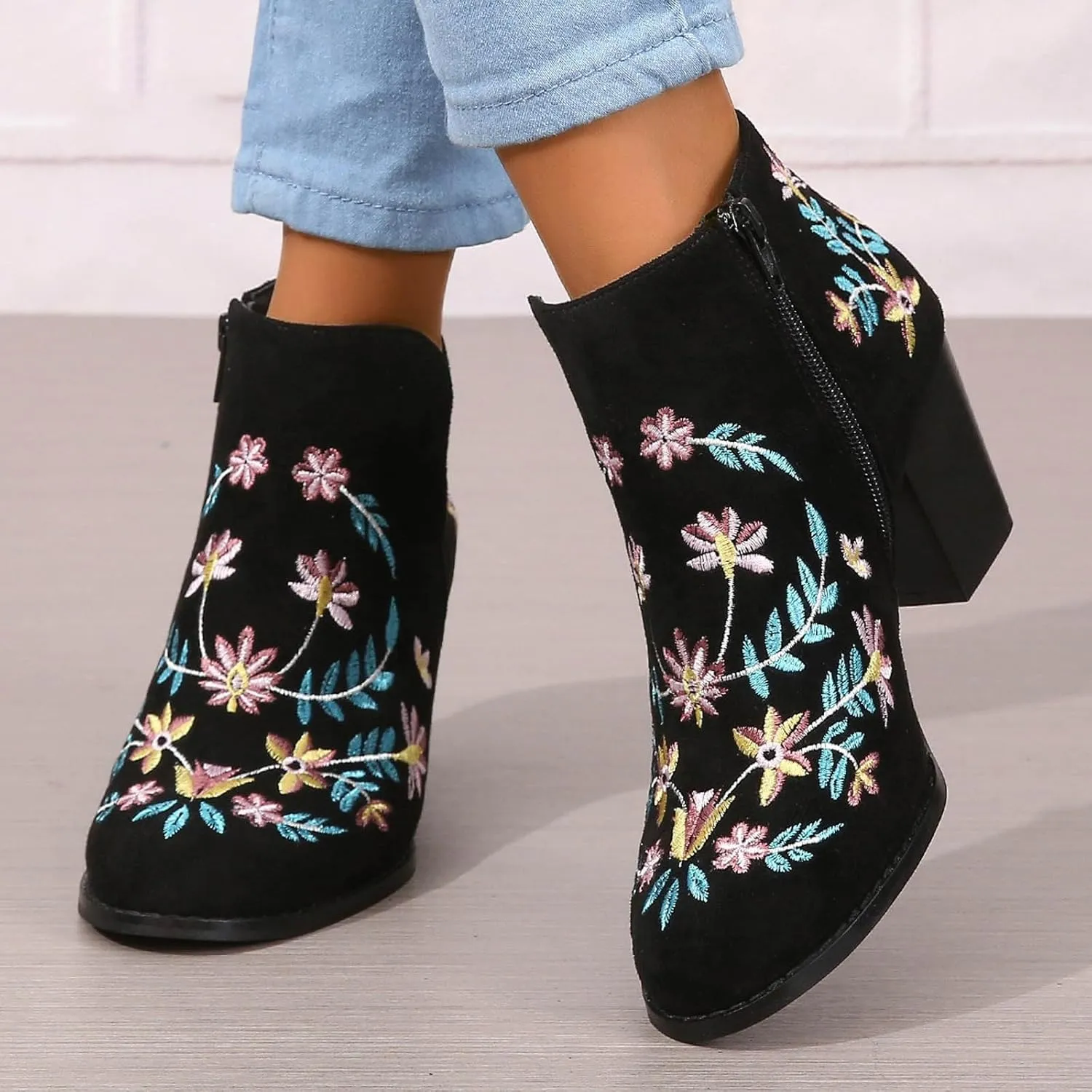 Cathalem Ankle Boots for Women Fashion Women Flock Autumn Square Heels Zipper Flower Embroidery Short Booties Round Toe Shoes