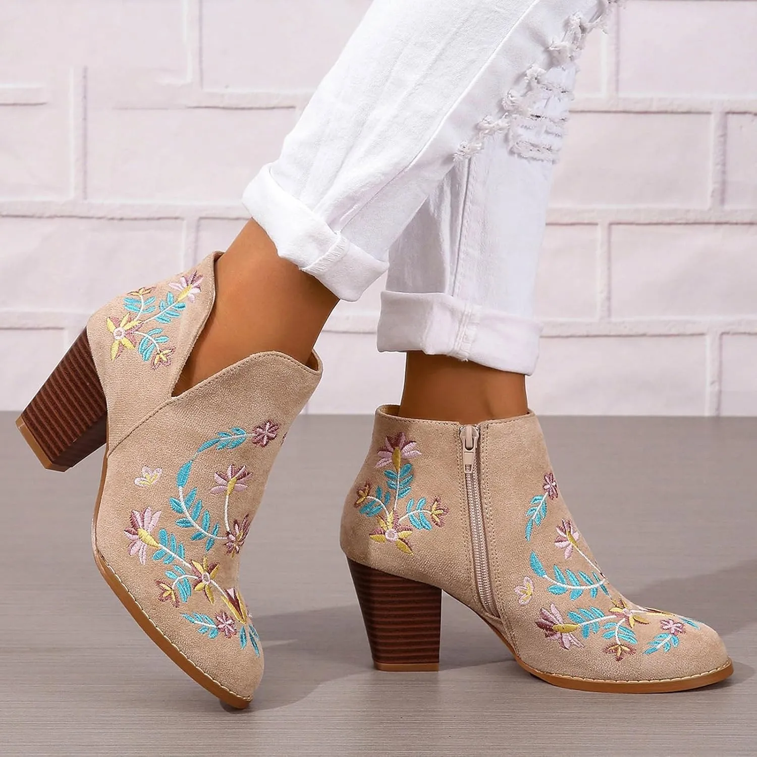 Cathalem Ankle Boots for Women Fashion Women Flock Autumn Square Heels Zipper Flower Embroidery Short Booties Round Toe Shoes