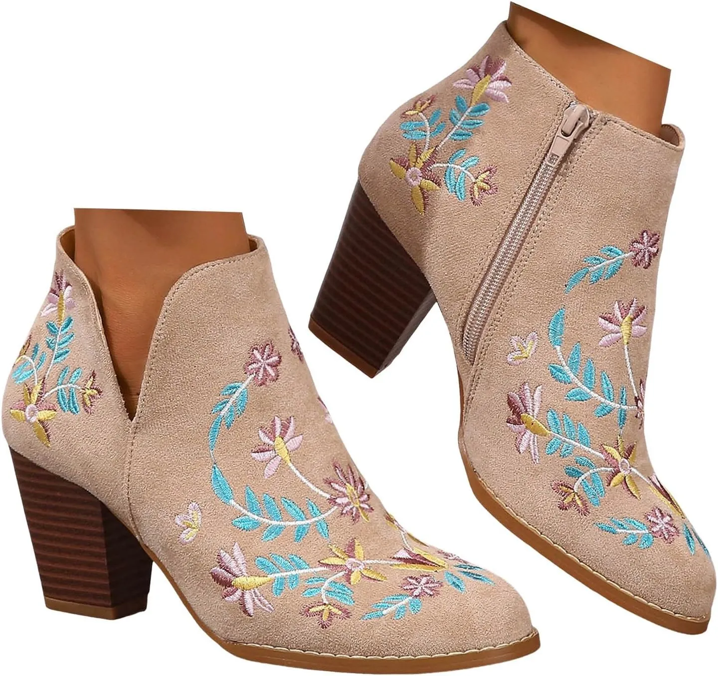 Cathalem Ankle Boots for Women Fashion Women Flock Autumn Square Heels Zipper Flower Embroidery Short Booties Round Toe Shoes