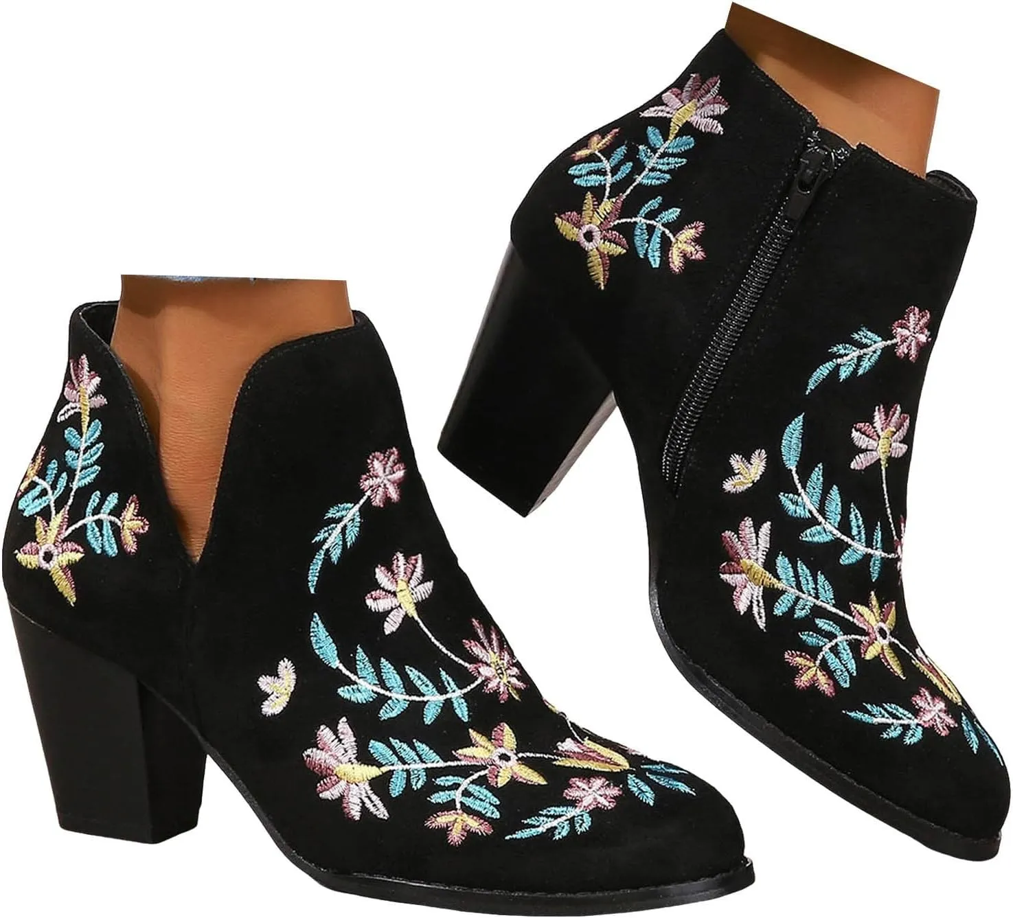 Cathalem Ankle Boots for Women Fashion Women Flock Autumn Square Heels Zipper Flower Embroidery Short Booties Round Toe Shoes