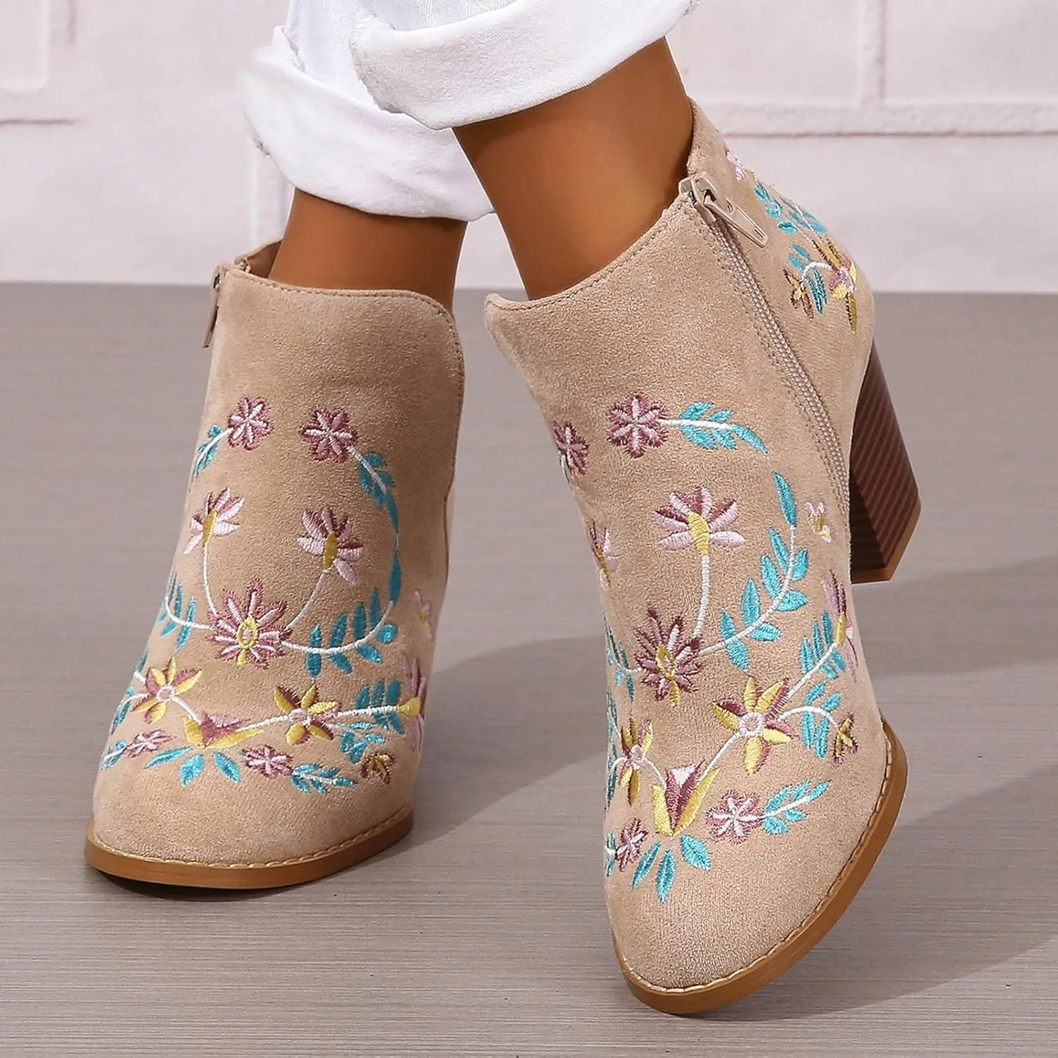 Cathalem Ankle Boots for Women Fashion Women Flock Autumn Square Heels Zipper Flower Embroidery Short Booties Round Toe Shoes