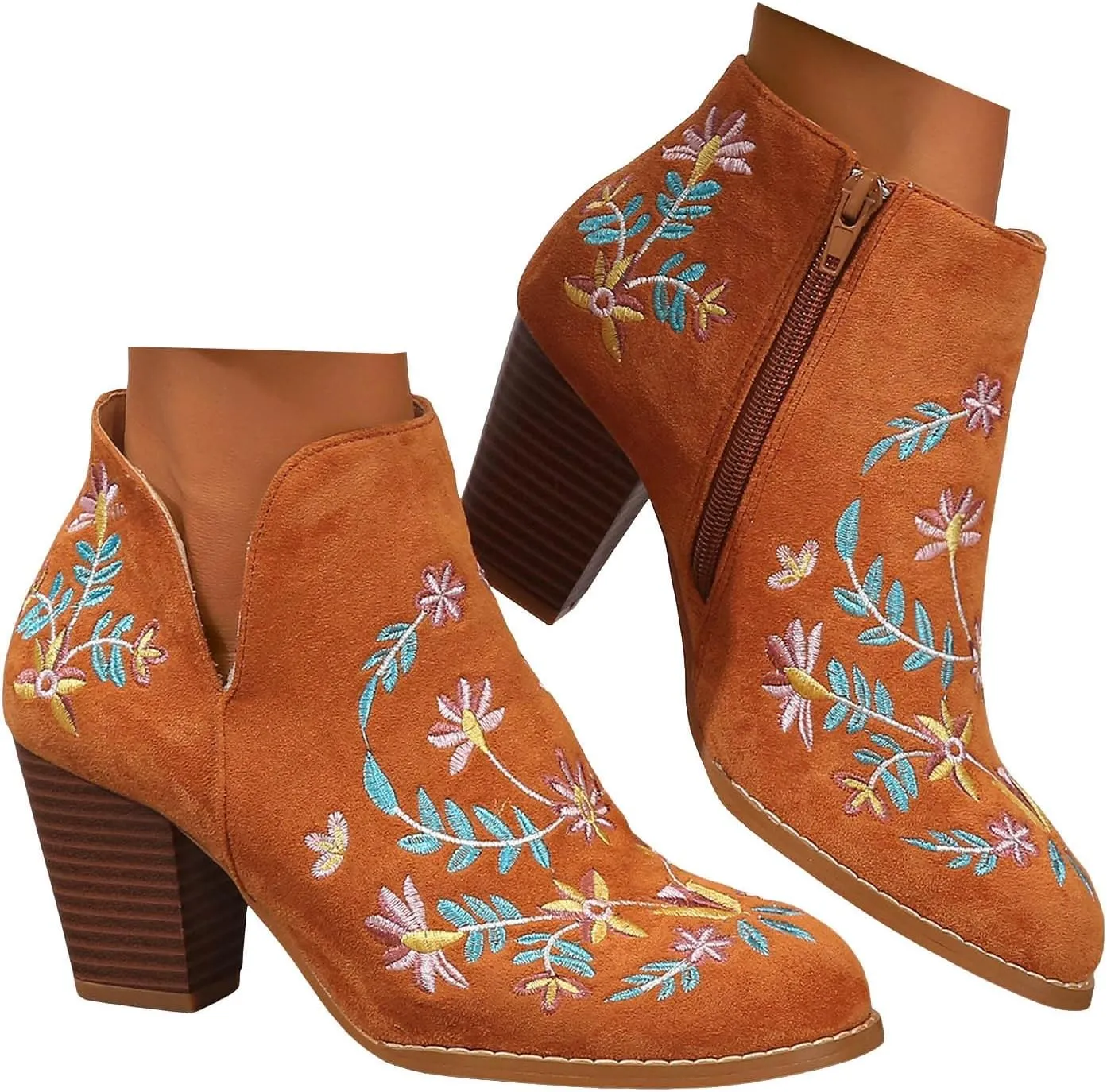 Cathalem Ankle Boots for Women Fashion Women Flock Autumn Square Heels Zipper Flower Embroidery Short Booties Round Toe Shoes