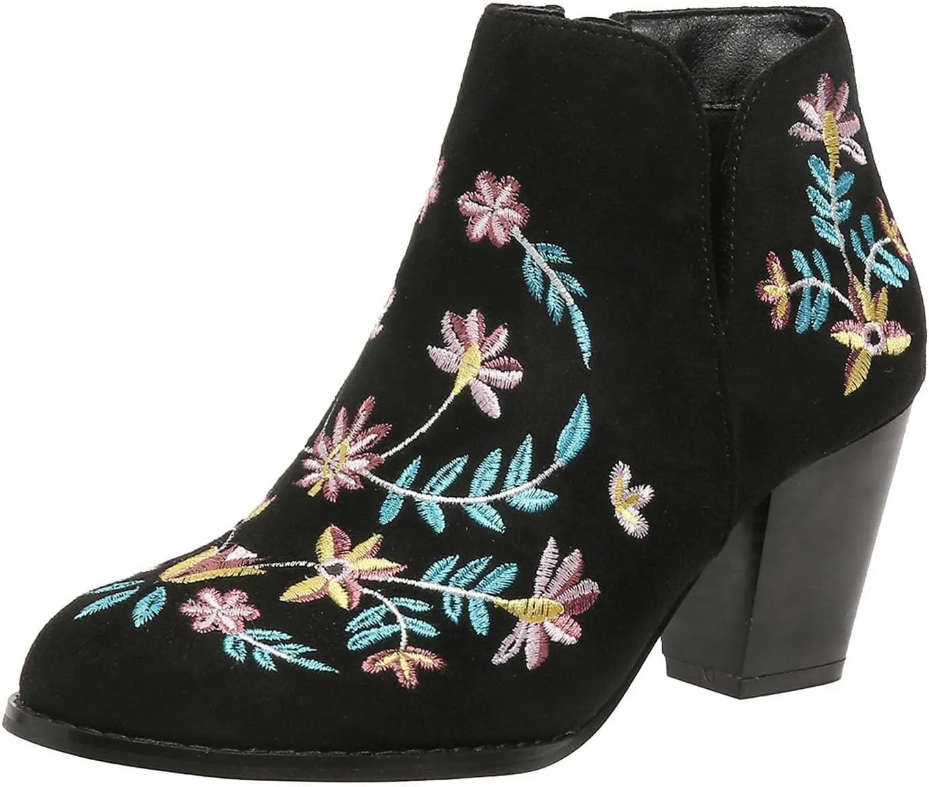 Cathalem Ankle Boots for Women Fashion Women Flock Autumn Square Heels Zipper Flower Embroidery Short Booties Round Toe Shoes