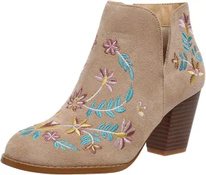 Cathalem Ankle Boots for Women Fashion Women Flock Autumn Square Heels Zipper Flower Embroidery Short Booties Round Toe Shoes