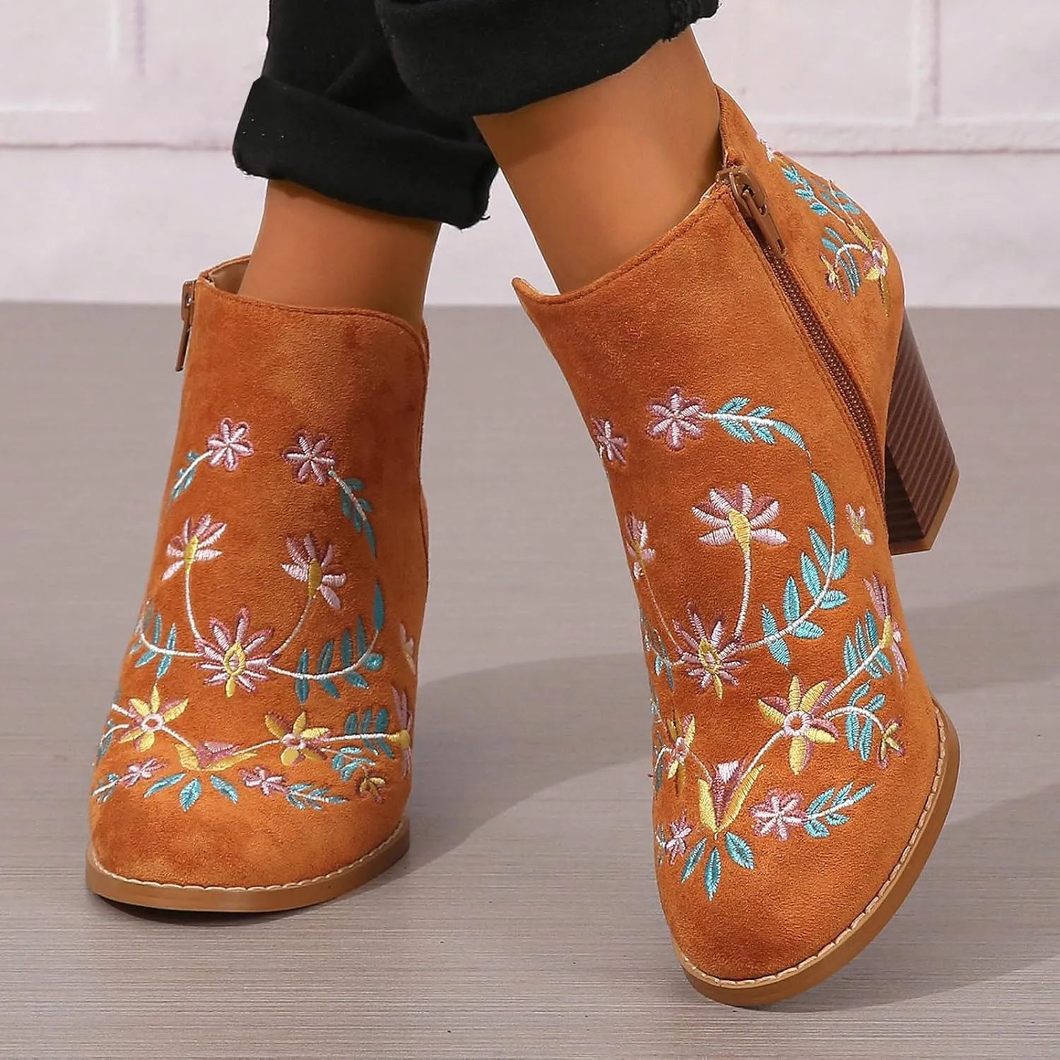 Cathalem Ankle Boots for Women Fashion Women Flock Autumn Square Heels Zipper Flower Embroidery Short Booties Round Toe Shoes