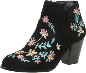 Cathalem Ankle Boots for Women Fashion Women Flock Autumn Square Heels Zipper Flower Embroidery Short Booties Round Toe Shoes