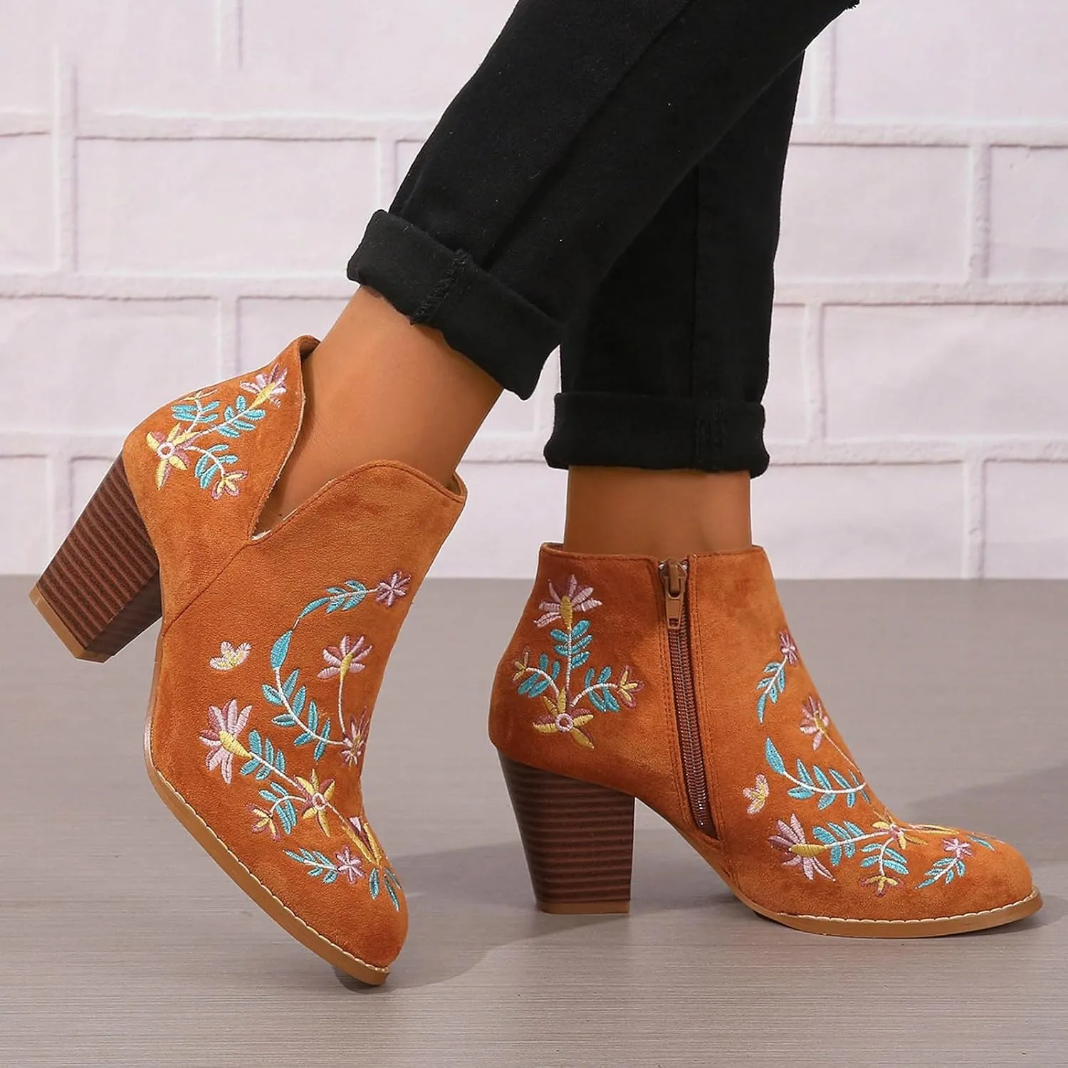 Cathalem Ankle Boots for Women Fashion Women Flock Autumn Square Heels Zipper Flower Embroidery Short Booties Round Toe Shoes