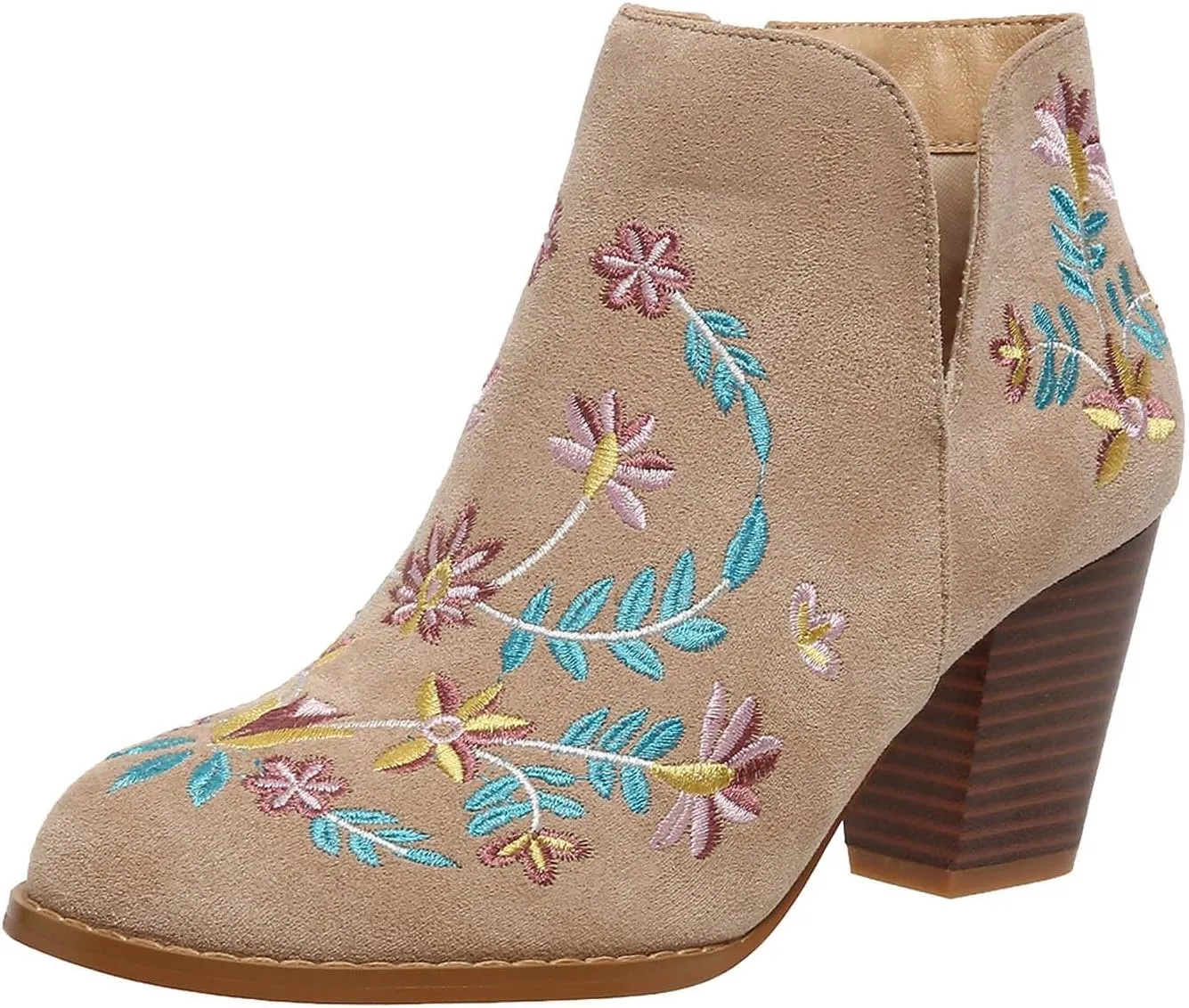 Cathalem Ankle Boots for Women Fashion Women Flock Autumn Square Heels Zipper Flower Embroidery Short Booties Round Toe Shoes
