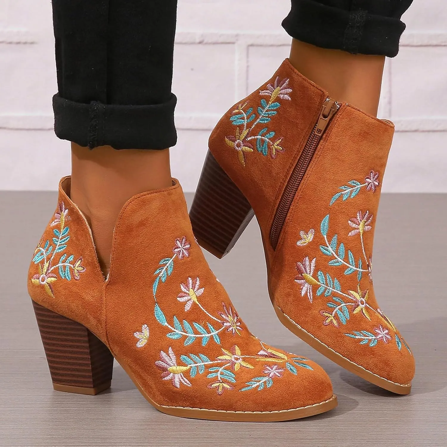 Cathalem Ankle Boots for Women Fashion Women Flock Autumn Square Heels Zipper Flower Embroidery Short Booties Round Toe Shoes
