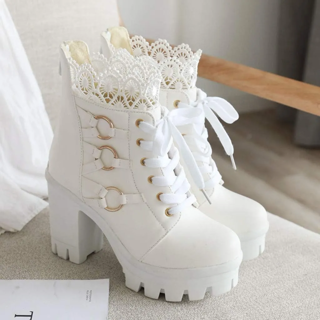 Cathalem Ankle Boots for Women Lace Up Chunky High Heels Ankle Boots Lace Buckle Gothic Booties Zipper Punk Shoes
