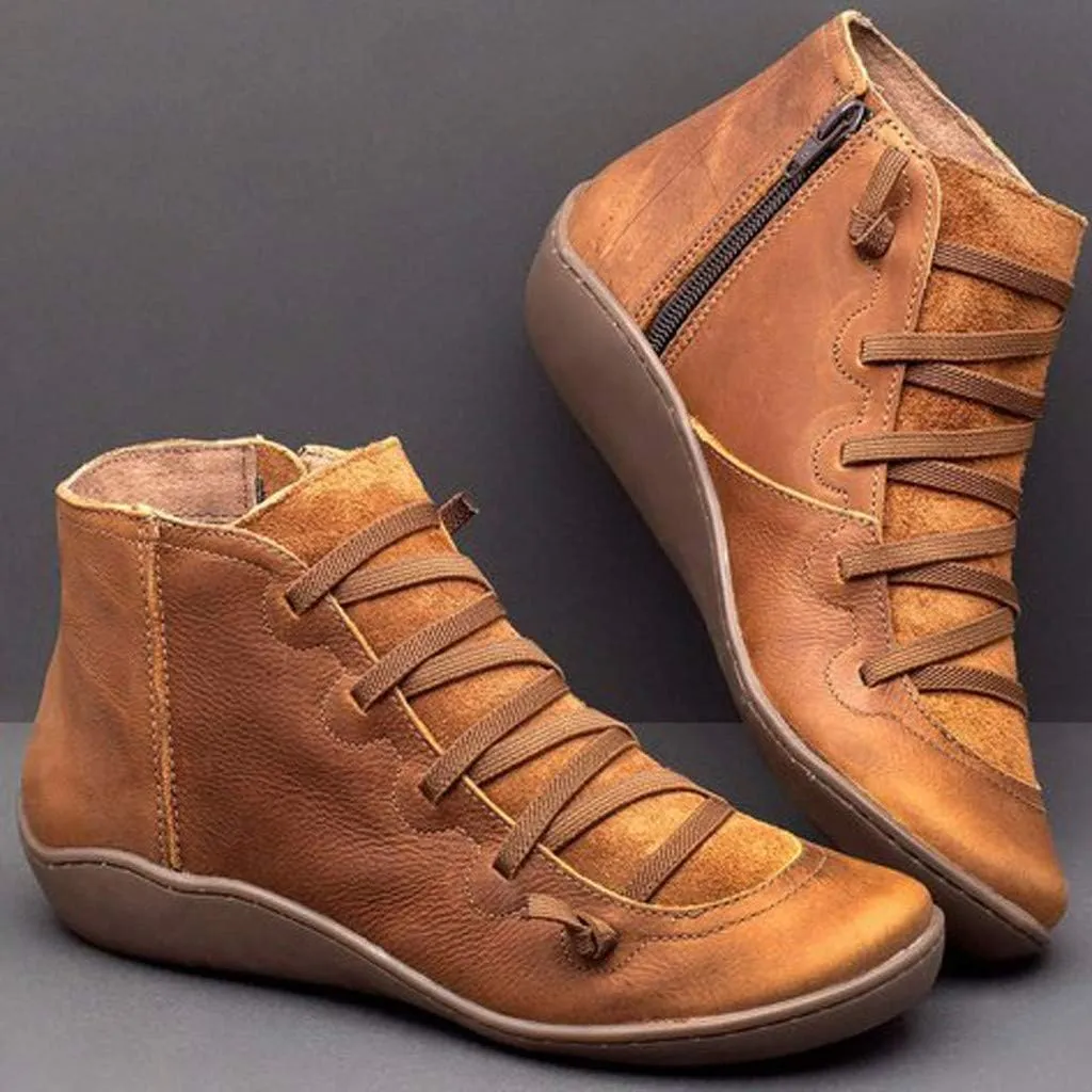 Cathalem Ankle Boots for Women No Heel, 2024 New Arch Support Boots Fashion Lace Up Side Zipper Vintage Retro Ankle Booties
