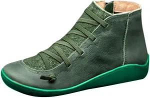 Cathalem Ankle Boots for Women No Heel, 2024 New Arch Support Boots Fashion Lace Up Side Zipper Vintage Retro Ankle Booties
