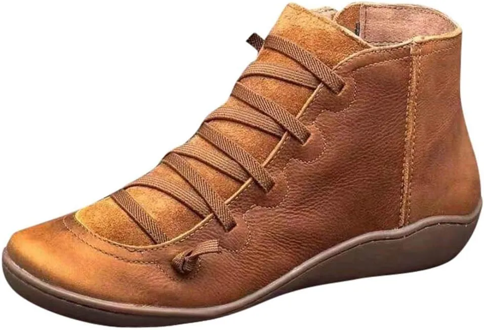 Cathalem Ankle Boots for Women No Heel, 2024 New Arch Support Boots Fashion Lace Up Side Zipper Vintage Retro Ankle Booties