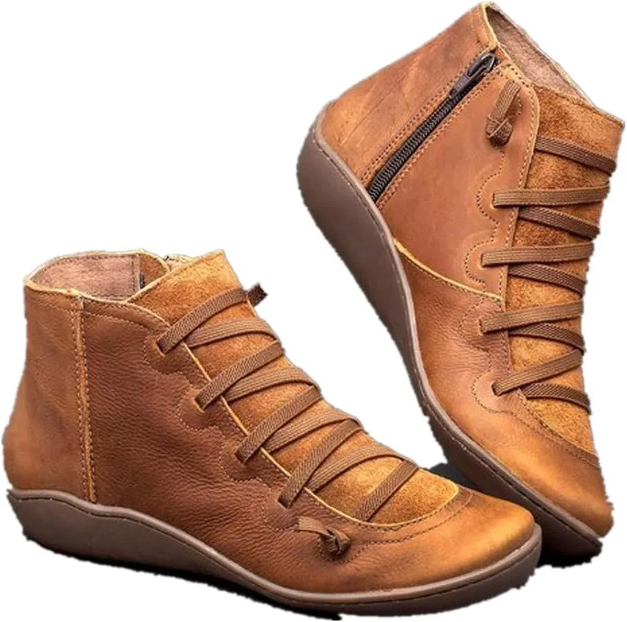 Cathalem Ankle Boots for Women No Heel, 2024 New Arch Support Boots Fashion Lace Up Side Zipper Vintage Retro Ankle Booties