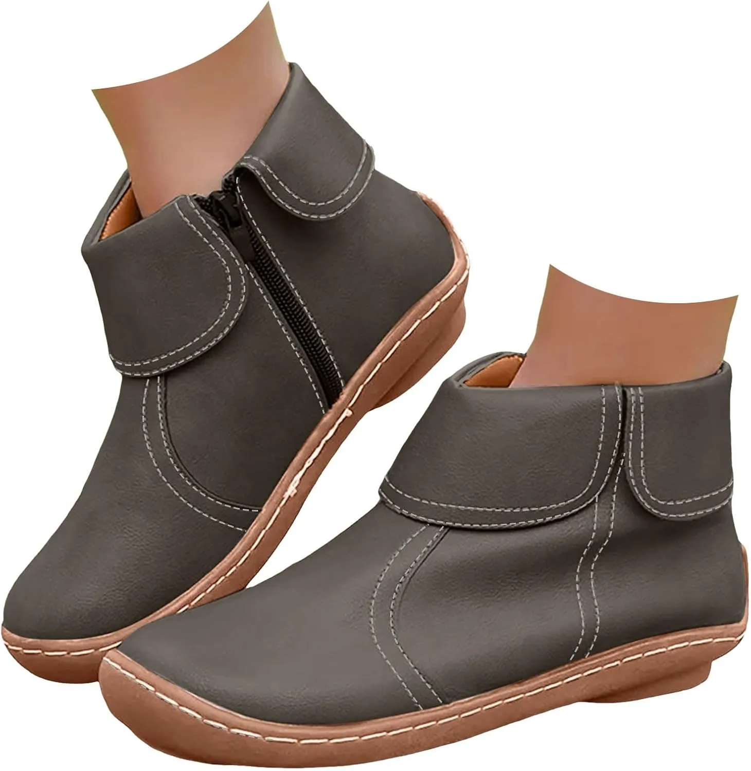 Cathalem Ankle Boots for Women No Heel Arch Support Booties Side Zip-up Vintage Leather Damping Shoes Flat Heel Booties