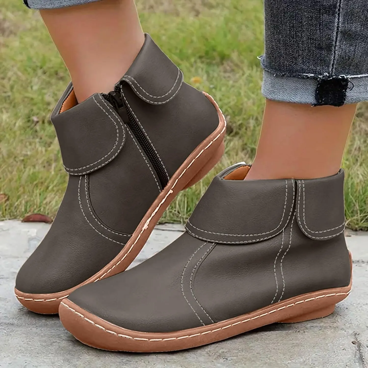 Cathalem Ankle Boots for Women No Heel Arch Support Booties Side Zip-up Vintage Leather Damping Shoes Flat Heel Booties