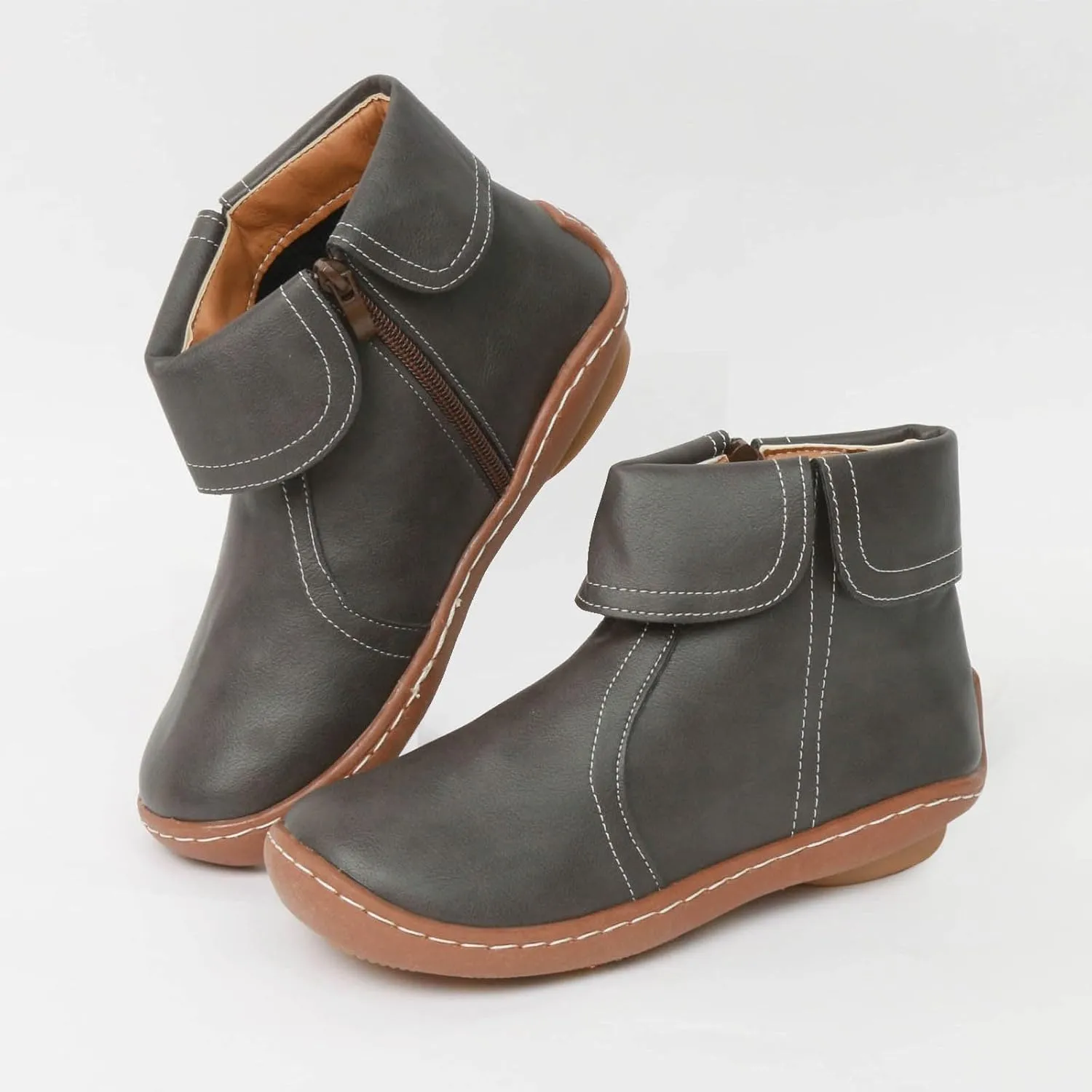 Cathalem Ankle Boots for Women No Heel Arch Support Booties Side Zip-up Vintage Leather Damping Shoes Flat Heel Booties