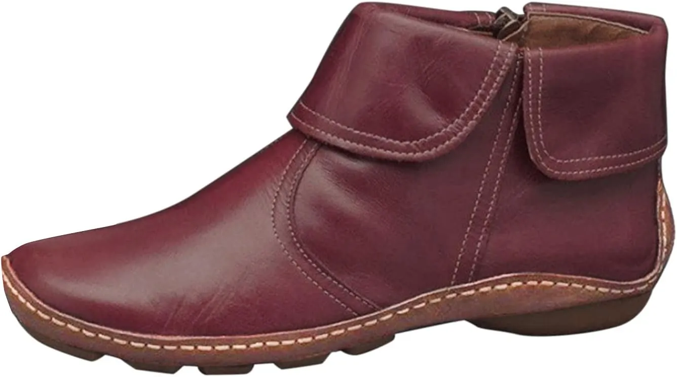 Cathalem Ankle Boots for Women No Heel,2024 New Arch Support Booties Side Zip-up Vintage Leather Shoes Flat Heel Booties