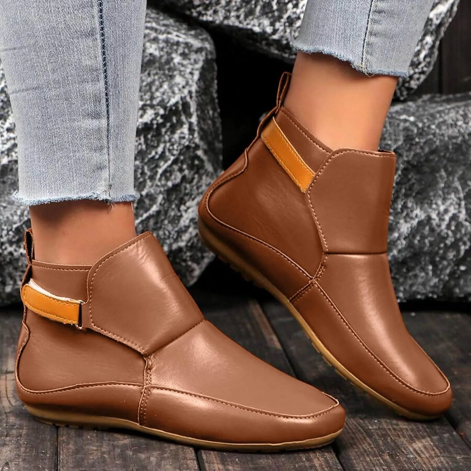 Cathalem Ankle Boots for Women No Heel,Arch Support Booties Side Zip-up Vintage Leather Damping Shoes Flat Heel Booties
