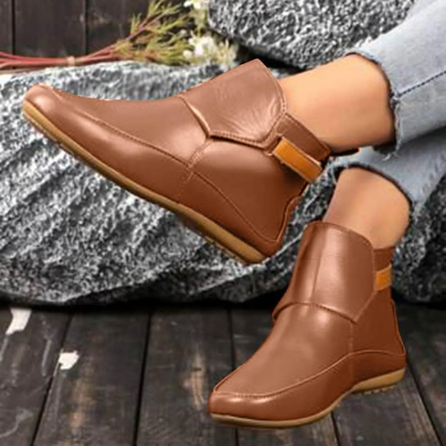 Cathalem Ankle Boots for Women No Heel,Arch Support Booties Side Zip-up Vintage Leather Damping Shoes Flat Heel Booties
