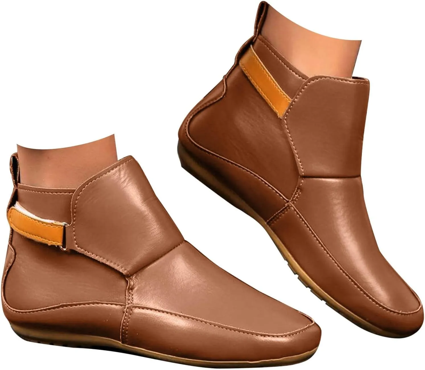 Cathalem Ankle Boots for Women No Heel,Arch Support Booties Side Zip-up Vintage Leather Damping Shoes Flat Heel Booties