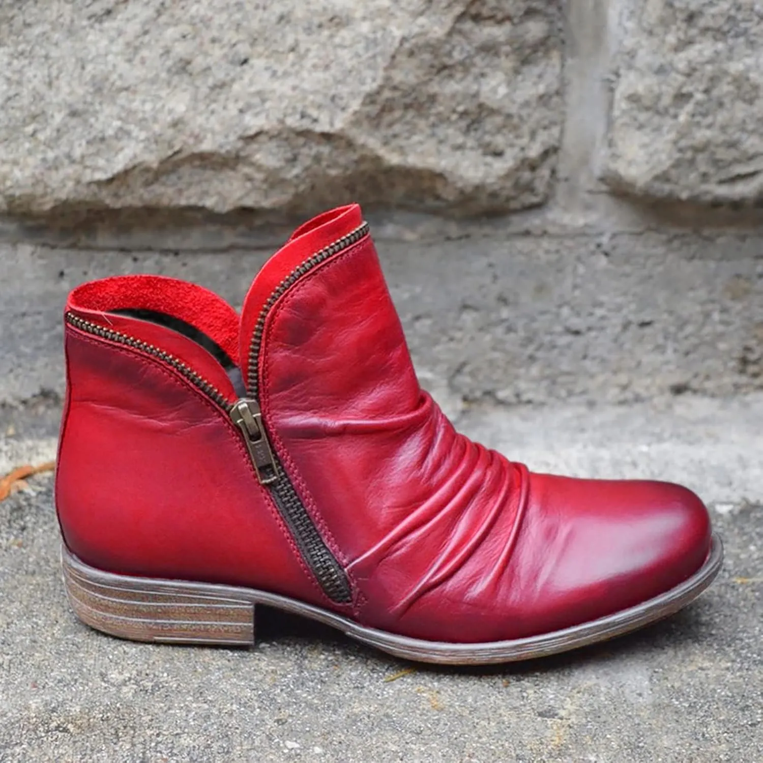 Cathalem Ankle Boots for Women Retro Casual Zipper Womens Boots Low Heel Short Shoes Side Zip-up Leather Damping Shoes