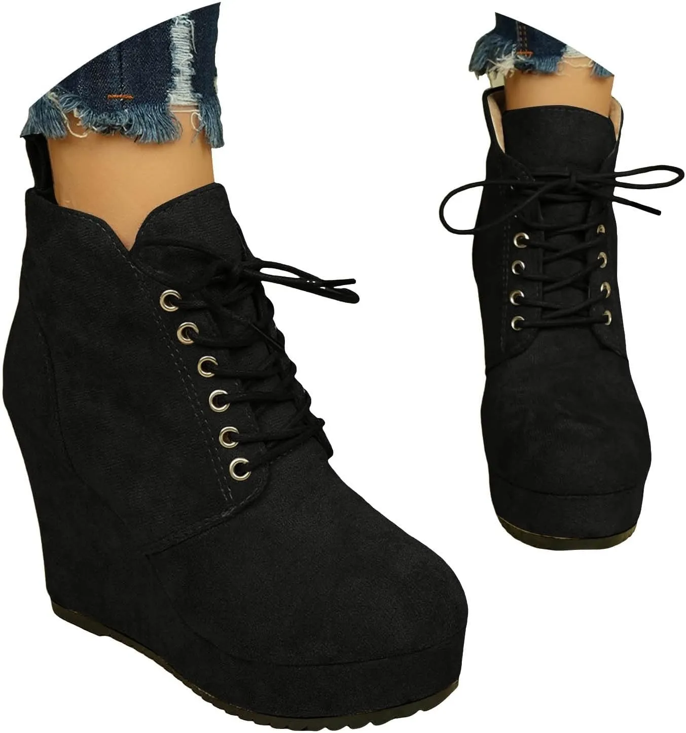 Cathalem Ankle Boots for Women Wedge Booties Fall Ankle Boots Tie Knot Stacked Heeled Side Zipper Winter Dress Shoes