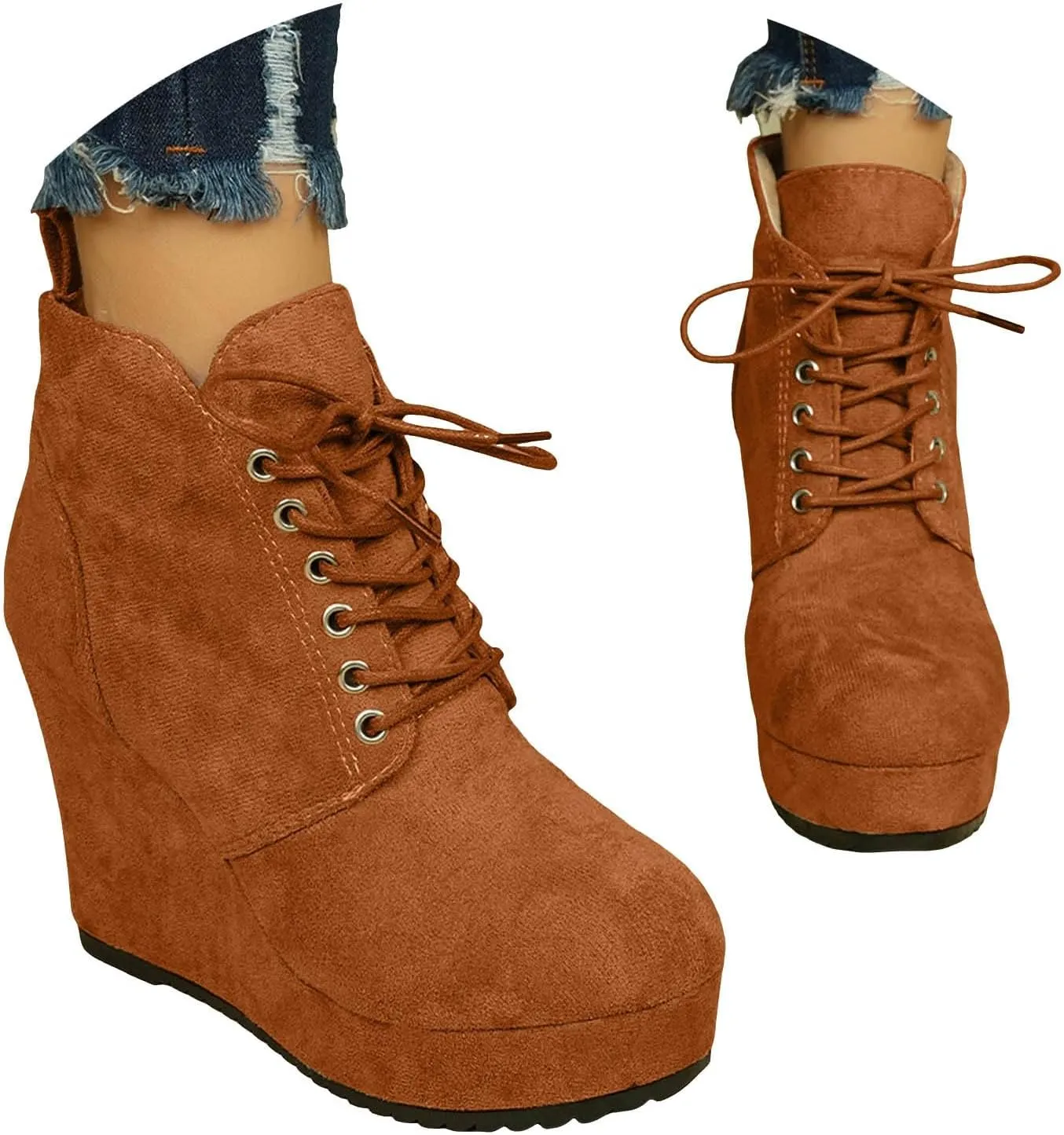 Cathalem Ankle Boots for Women Wedge Booties Fall Ankle Boots Tie Knot Stacked Heeled Side Zipper Winter Dress Shoes