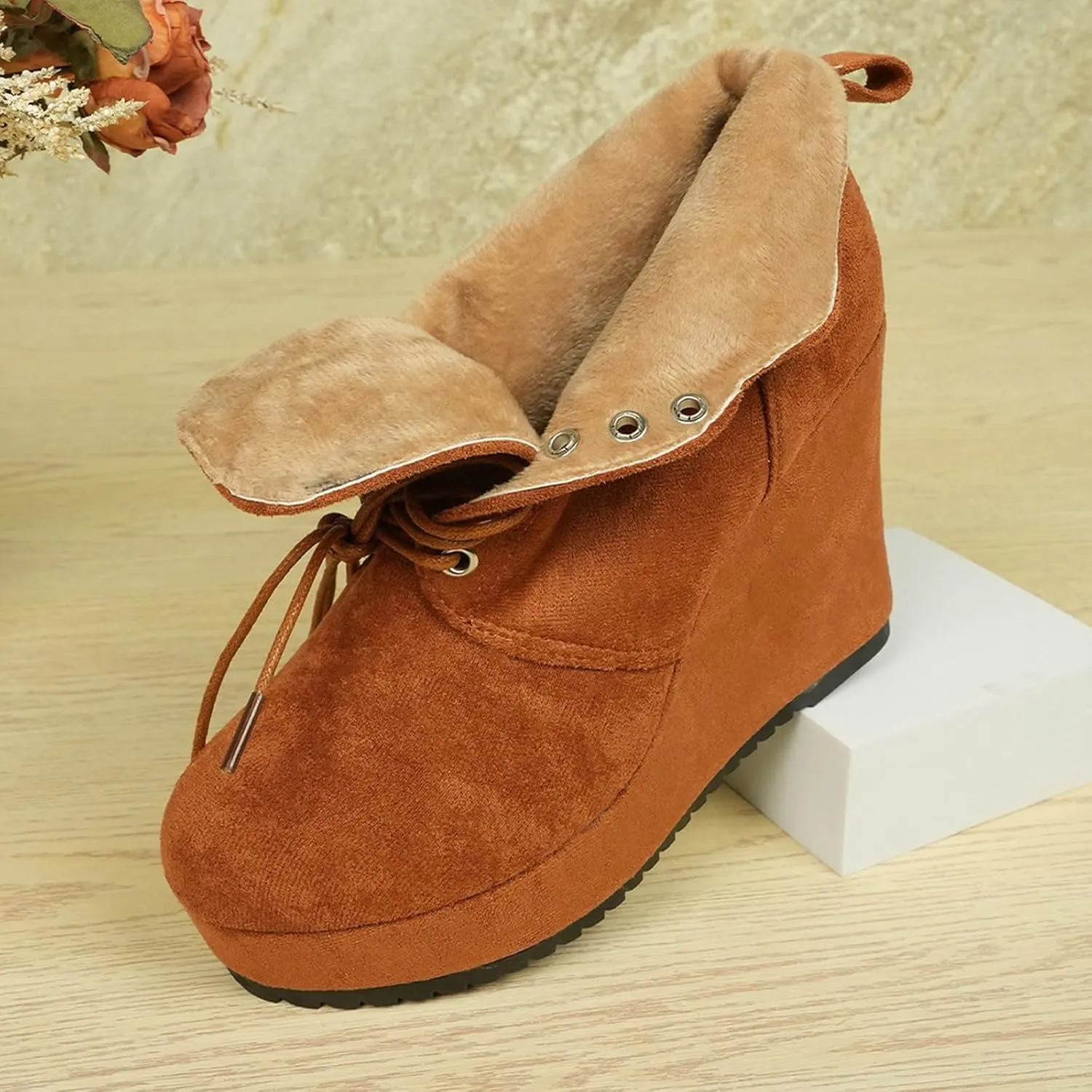 Cathalem Ankle Boots for Women Wedge Booties Fall Ankle Boots Tie Knot Stacked Heeled Side Zipper Winter Dress Shoes