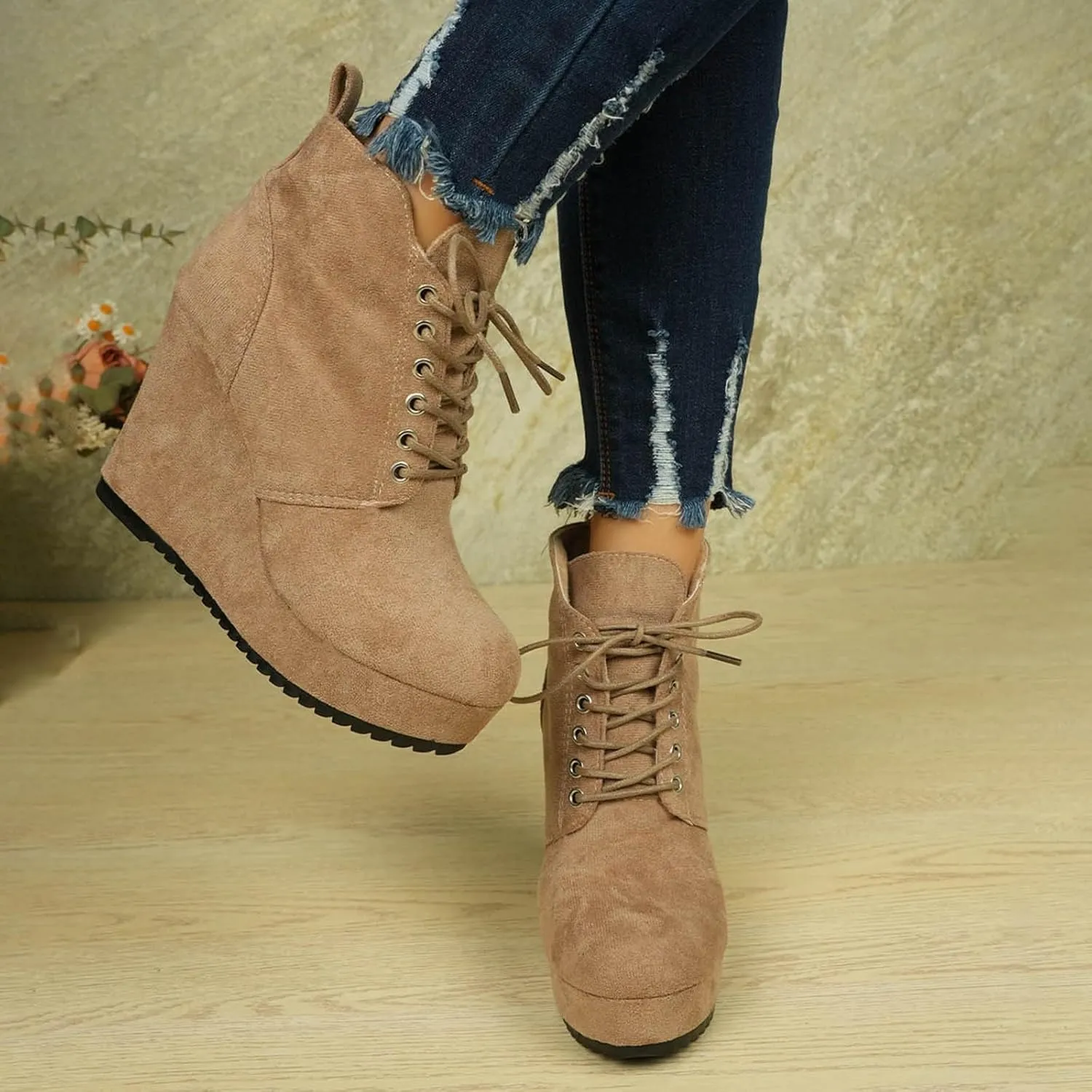Cathalem Ankle Boots for Women Wedge Booties Fall Ankle Boots Tie Knot Stacked Heeled Side Zipper Winter Dress Shoes
