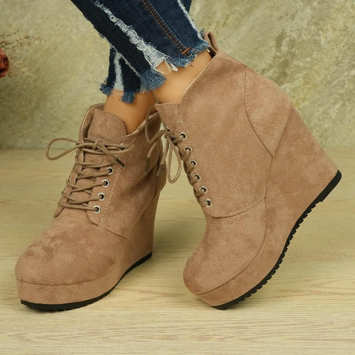 Cathalem Ankle Boots for Women Wedge Booties Fall Ankle Boots Tie Knot Stacked Heeled Side Zipper Winter Dress Shoes